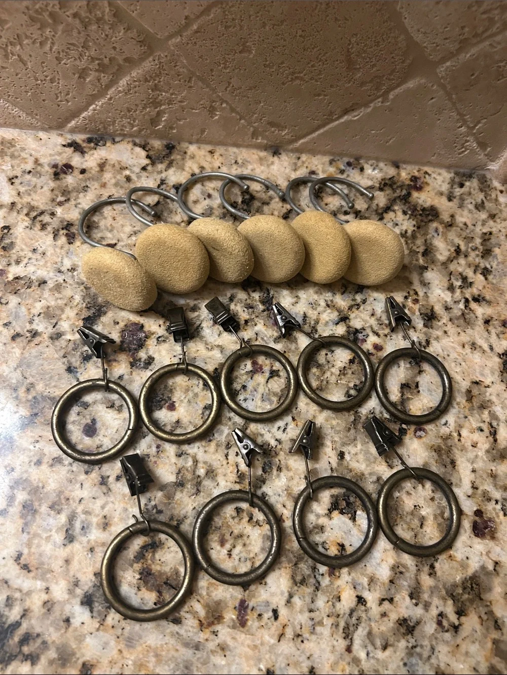 Beige Fabric Shower Curtain Hooks and Antique Brass Clip Rings - Home Accentsset